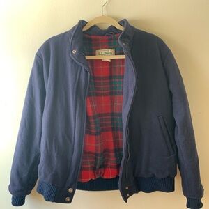 Vintage L.L. Bean Navy Blue Bomber Jacket with Red Plaid Interior